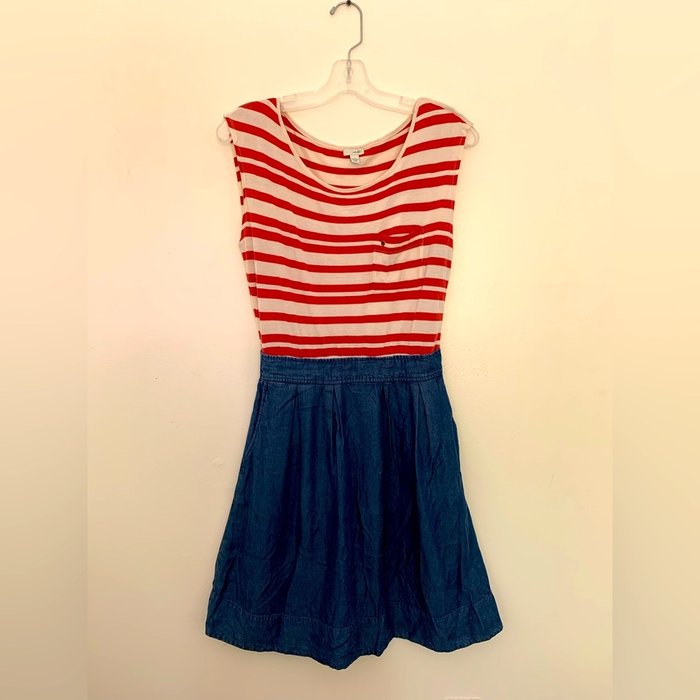 Summer dress, 1 piece, stripes crème and red, side pockets, prima cotton, size 2